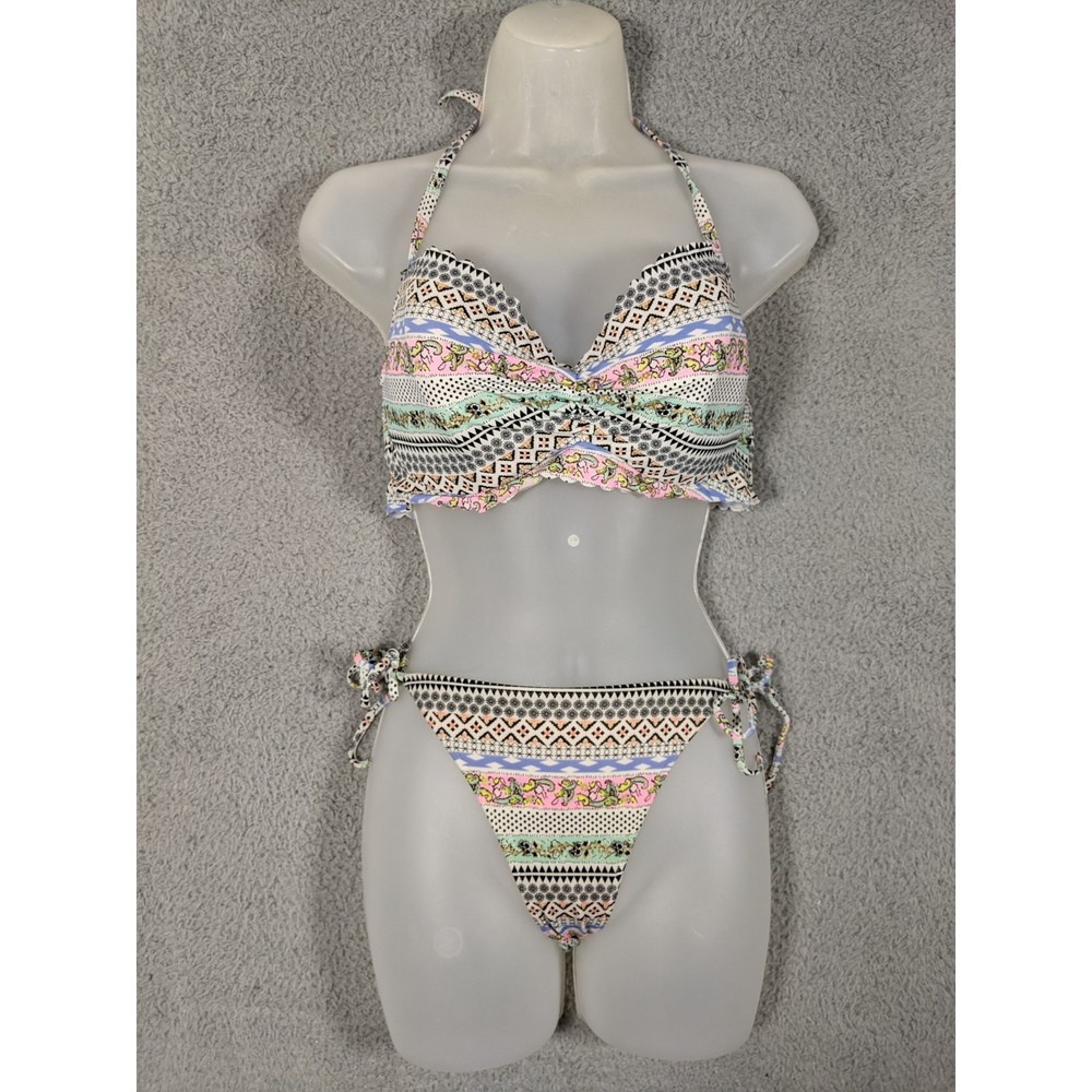 Victoria's Secret Halter Bikini Set Sz M/36D Pastel Floral Aztec Boho Resort Y2K